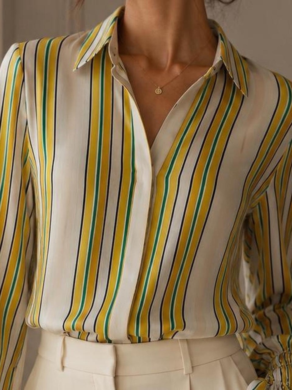 Alexis Striped Button-Down Blouse with Smocked Cuffs (XS) - Picture 2 of 8